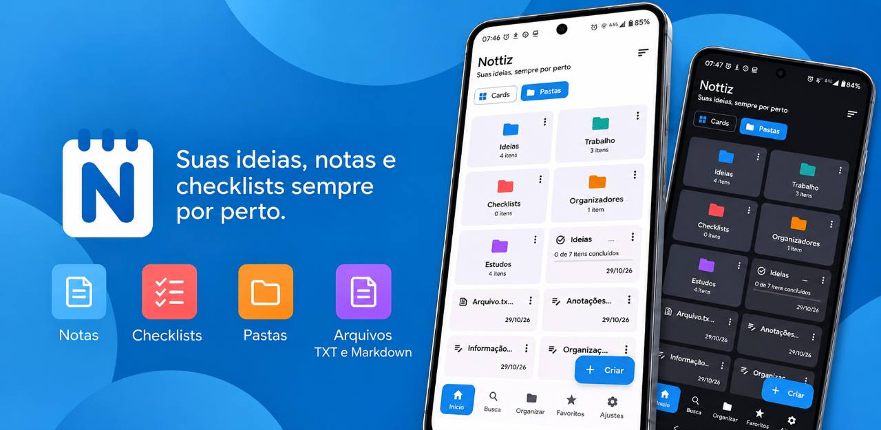Banner oficial do Nottiz com exemplos do aplicativo nos temas claro e escuro